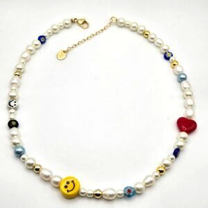 "Fun Flirt" Summertime Genuine Freshwater Pearl Smile Millefiori Beaded Necklace
